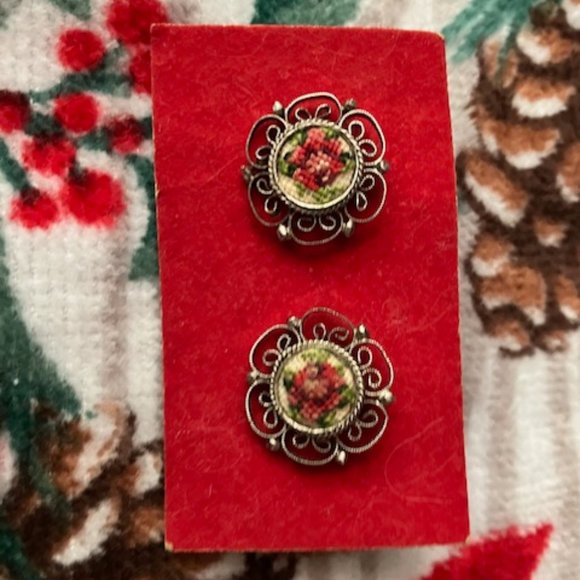 Vintage Pair of Petit Point Hand Embroidered Stud Earrings - Picture 1 of 7
